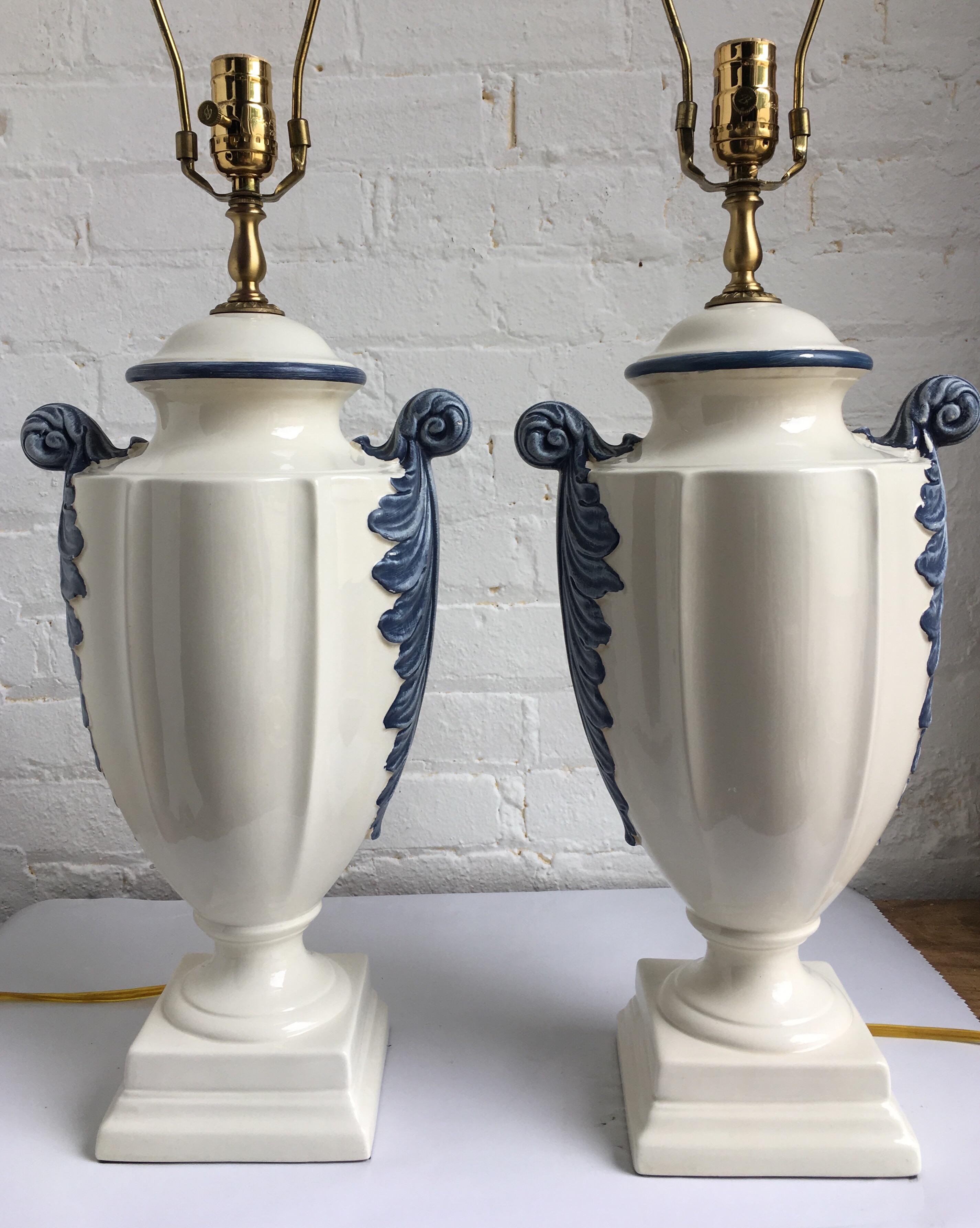 20th Century Hollywood Regency Style Blue and White Porcelain Glazed Urn Lamps