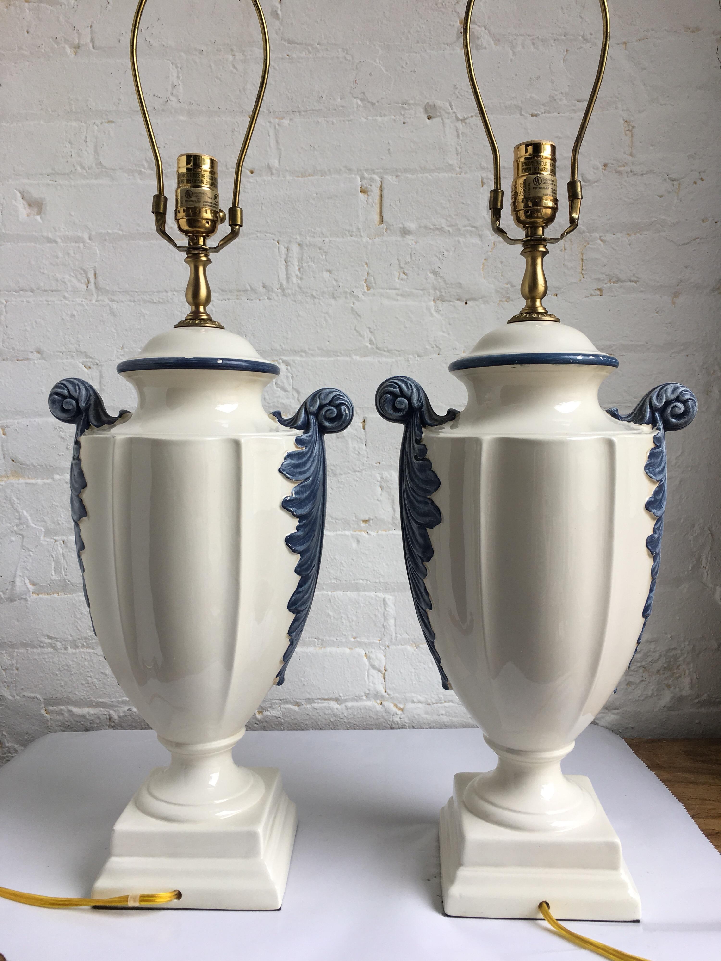 Brass Hollywood Regency Style Blue and White Porcelain Glazed Urn Lamps