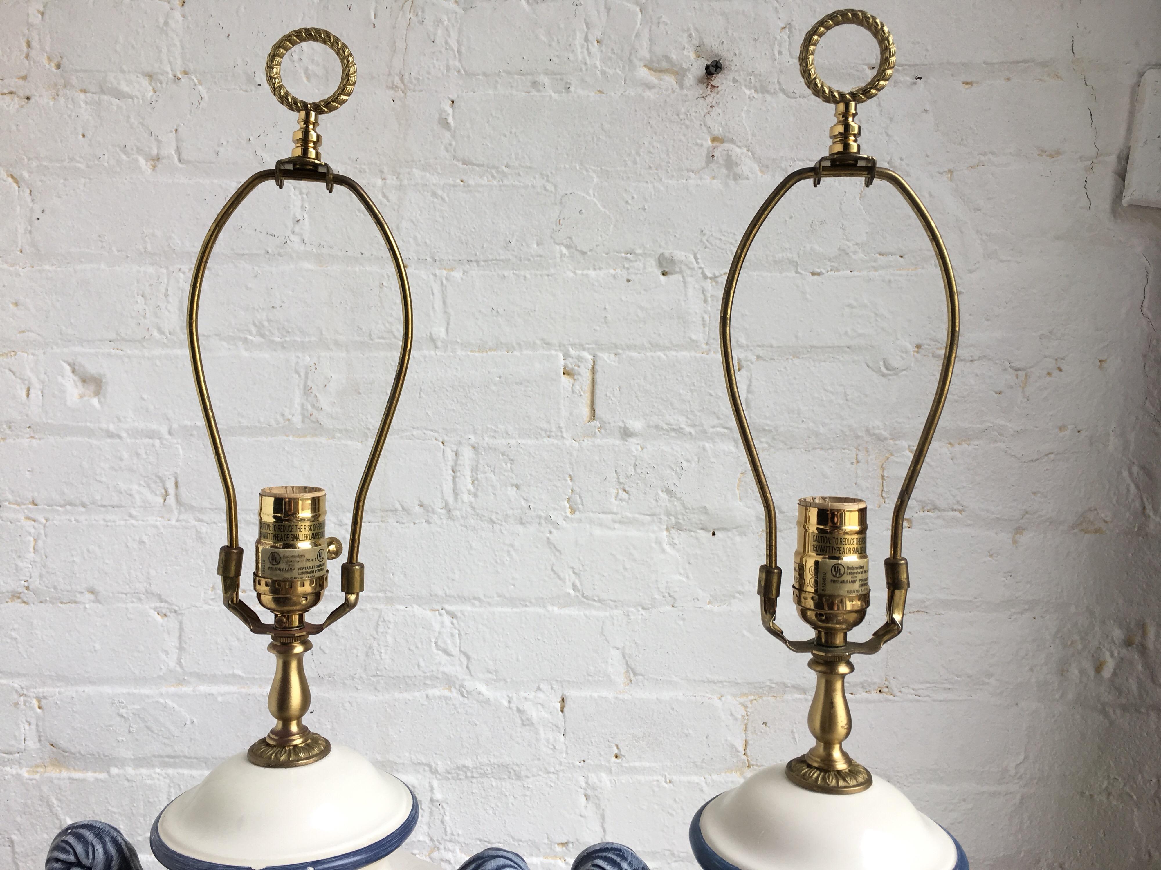 Hollywood Regency Style Blue and White Porcelain Glazed Urn Lamps 1