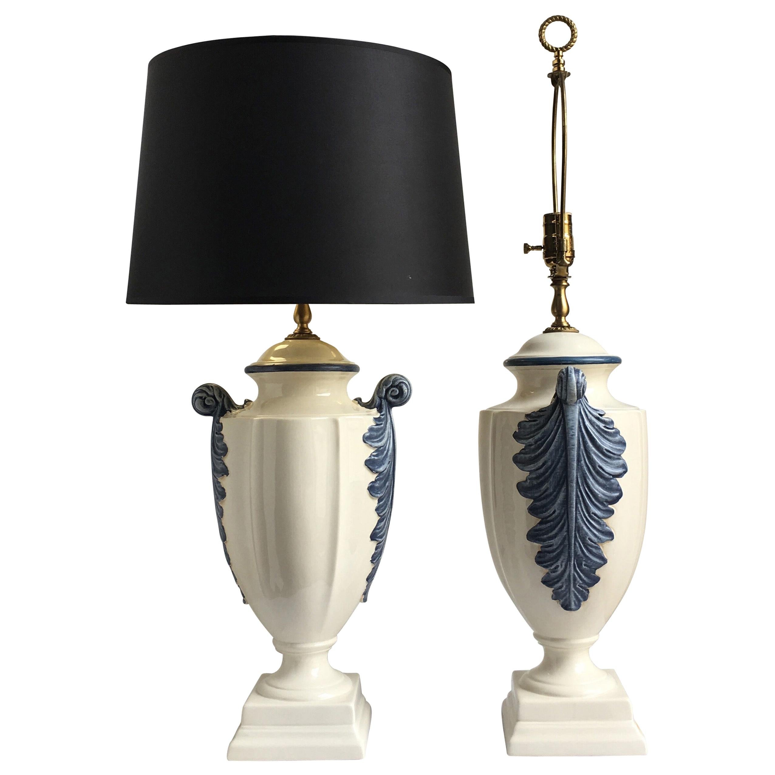 Hollywood Regency Style Blue and White Porcelain Glazed Urn Lamps