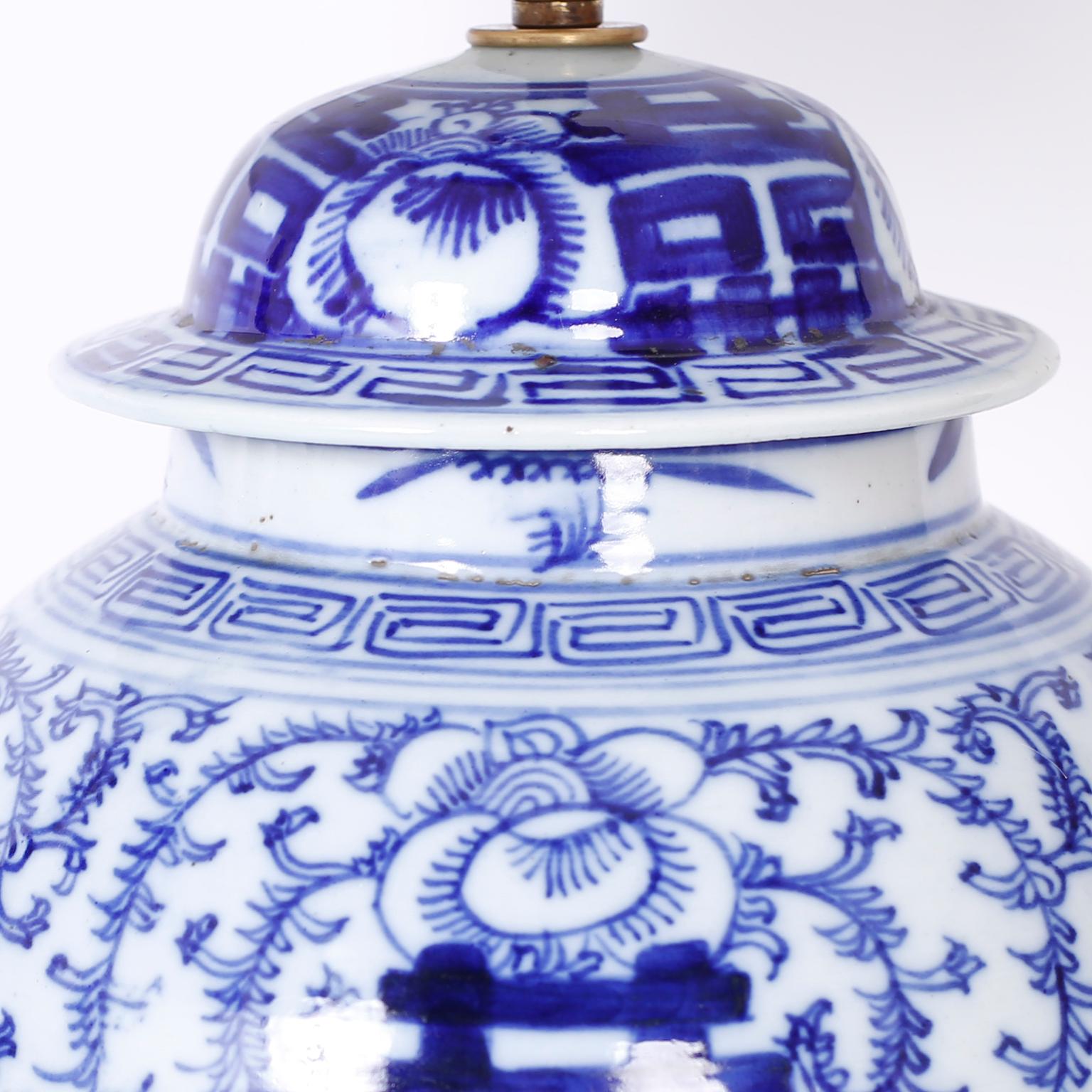 Chinese Export Pair of Blue and White Porcelain Happiness Jar Table Lamps