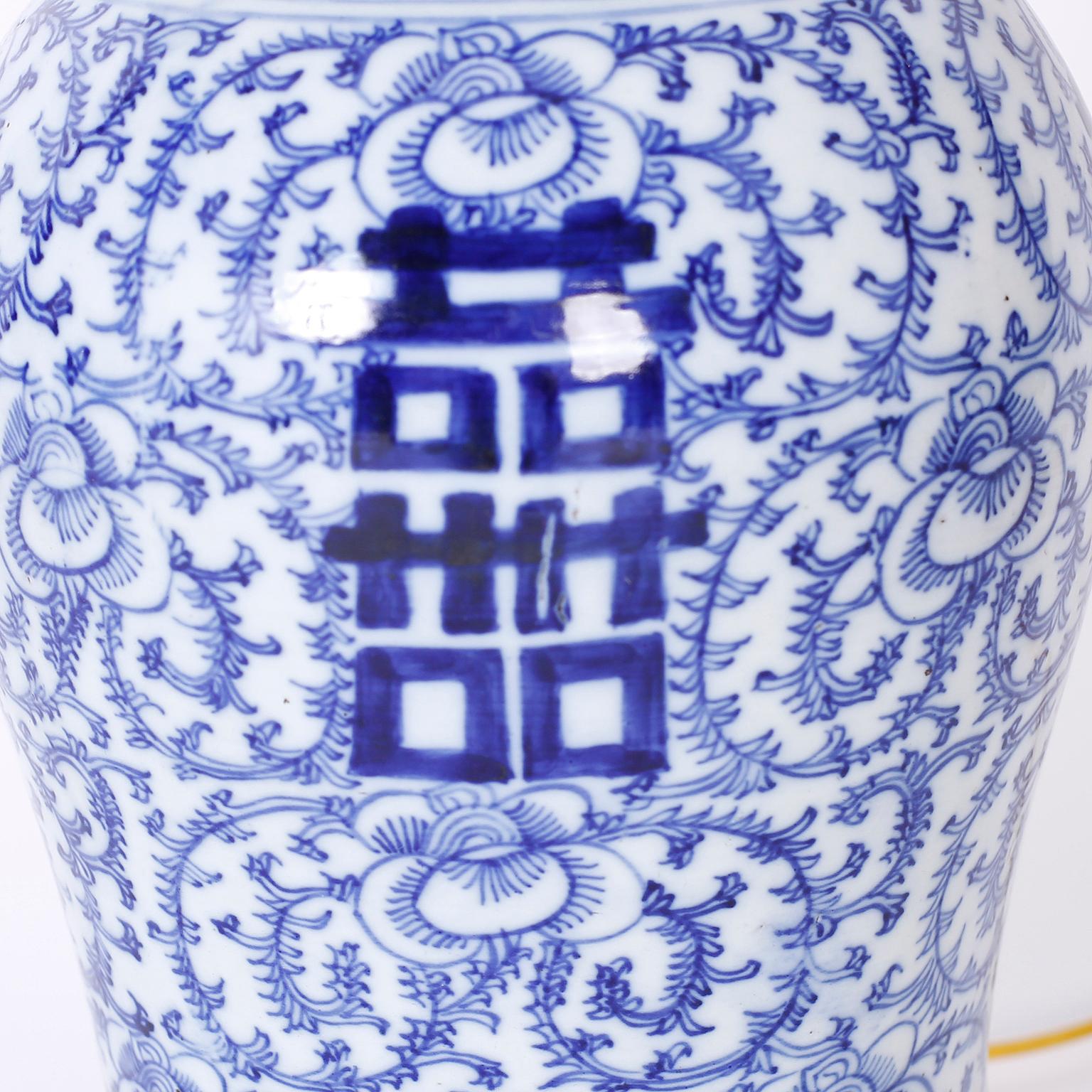 Chinese Pair of Blue and White Porcelain Happiness Jar Table Lamps