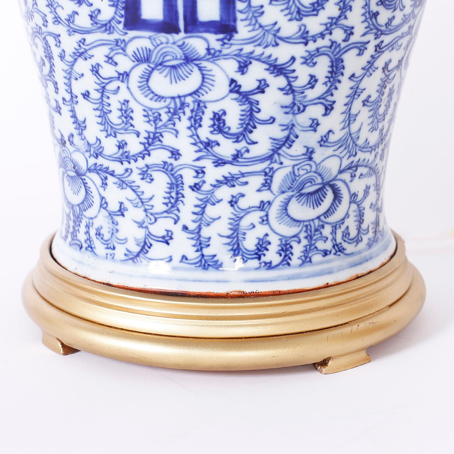 Pair of Blue and White Porcelain Happiness Jar Table Lamps In Good Condition In Palm Beach, FL