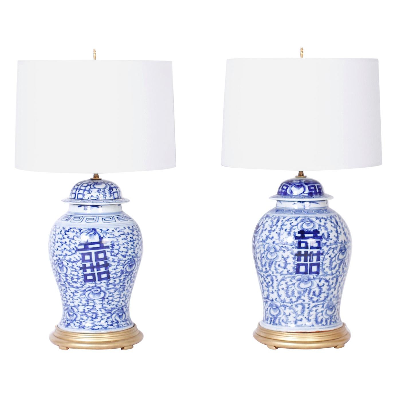 Pair of Blue and White Porcelain Happiness Jar Table Lamps