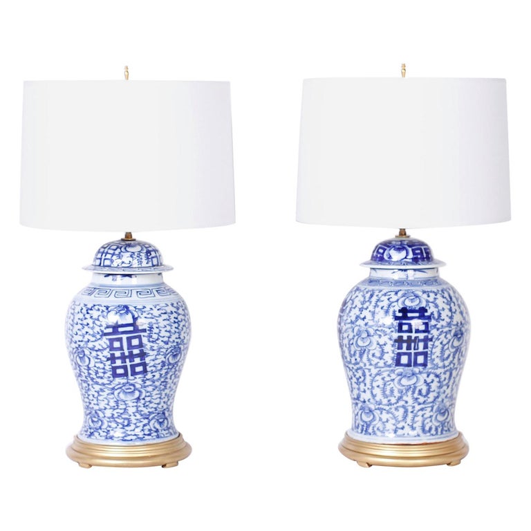 Pair Of Blue And White Porcelain, Blue Porcelain Jar Table Lamp