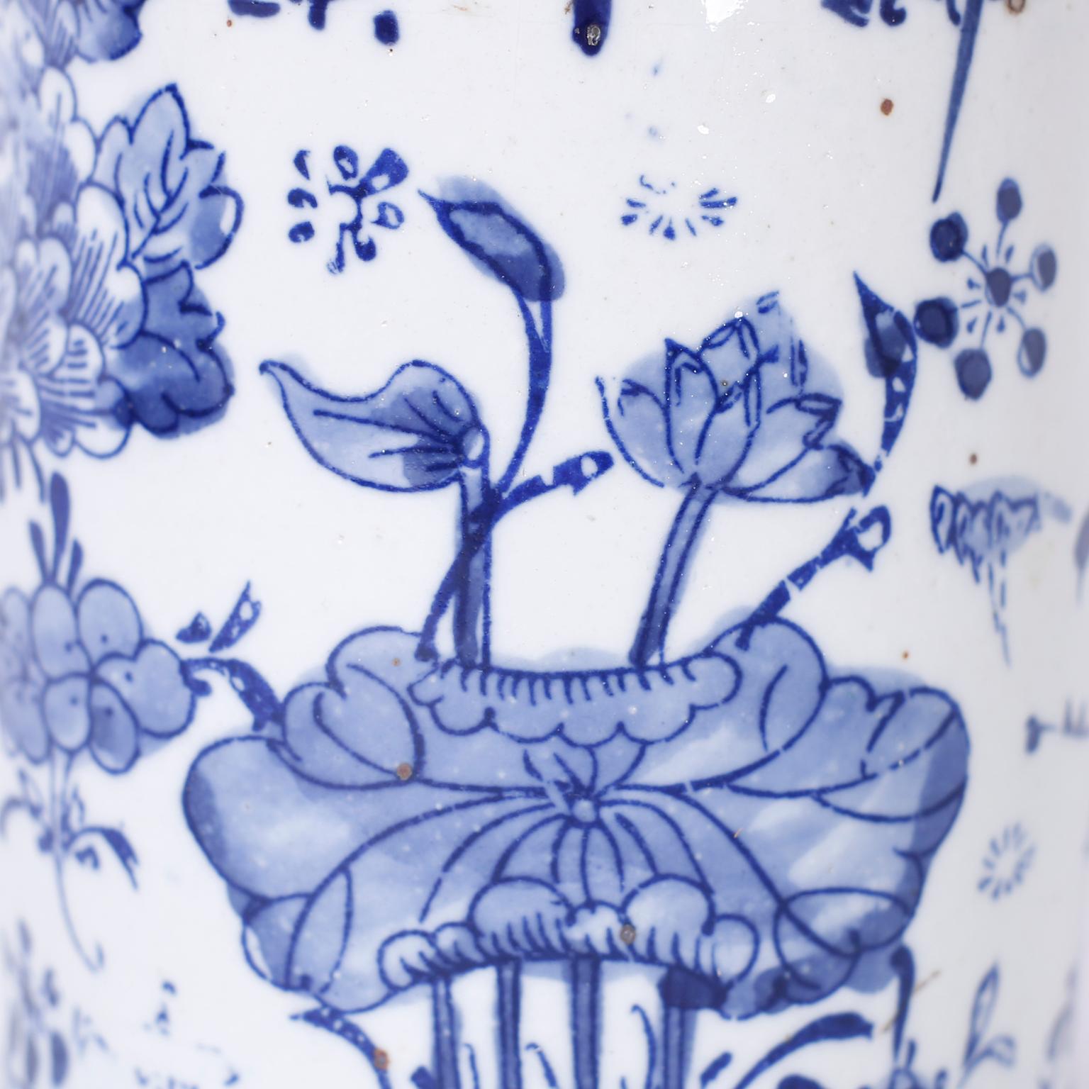 Hand-Painted Pair of Blue and White Porcelain Jars