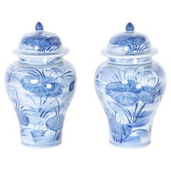 Pair of Blue and White Porcelain Lidded Ginger Jars with Water Lilies
