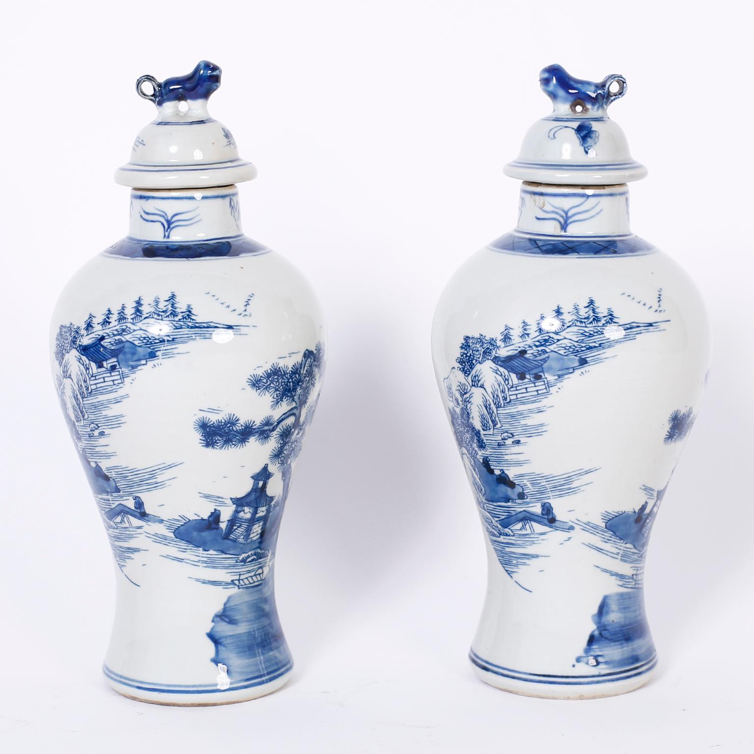 Chinoiserie Pair of Blue and White Porcelain Lidded Jars