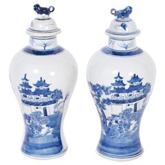 Pair of Blue and White Porcelain Lidded Jars