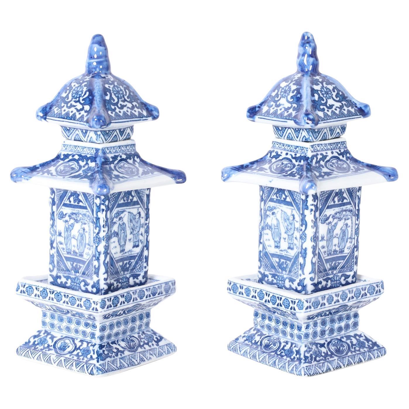 Pair of Blue and White Porcelain Lidded Pagoda Form Tea Caddies For Sale