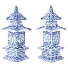 Used Pair of Blue and White Porcelain Lidded Pagoda Form Tea Caddies