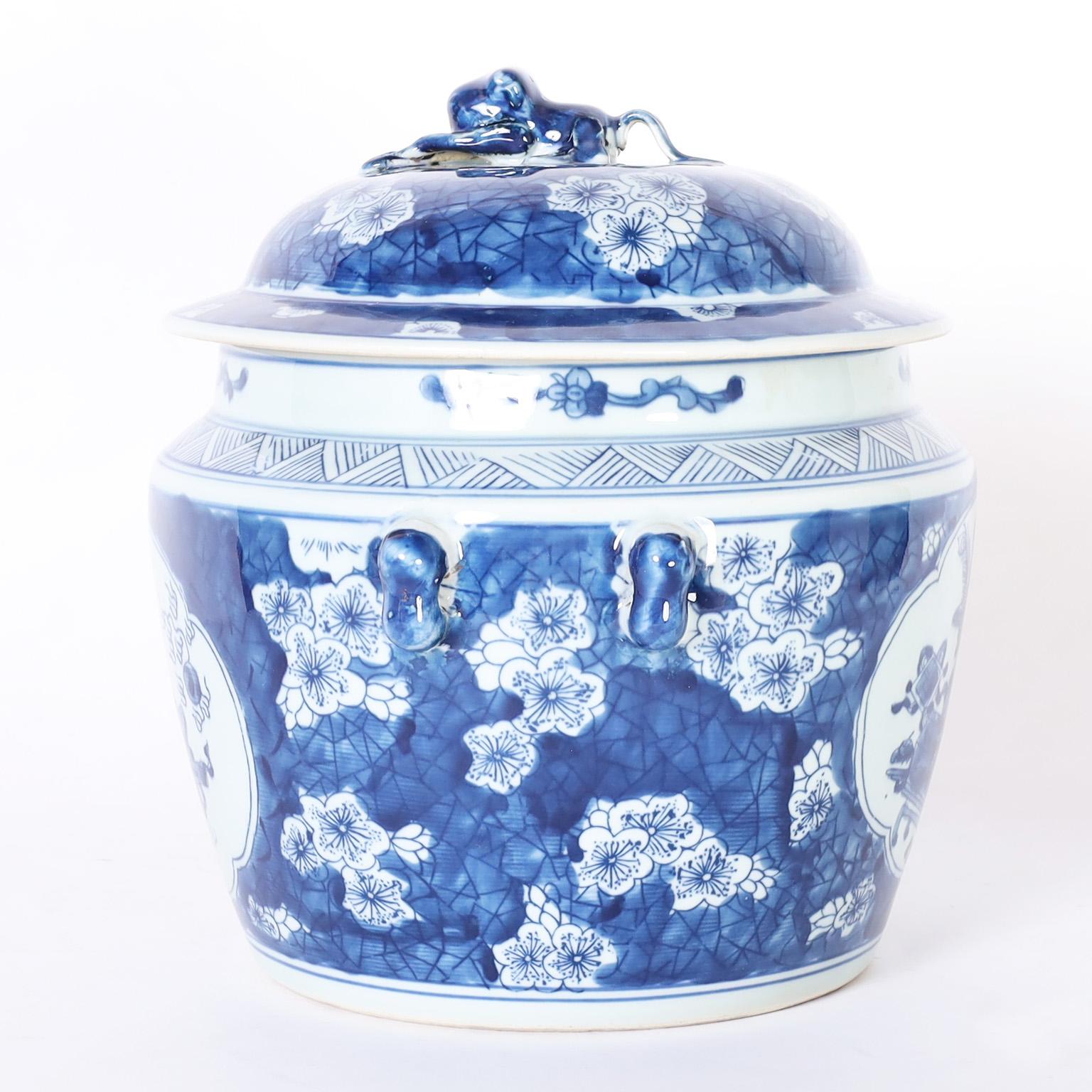 Chinese Pair of Blue and White Porcelain Lidded Pots