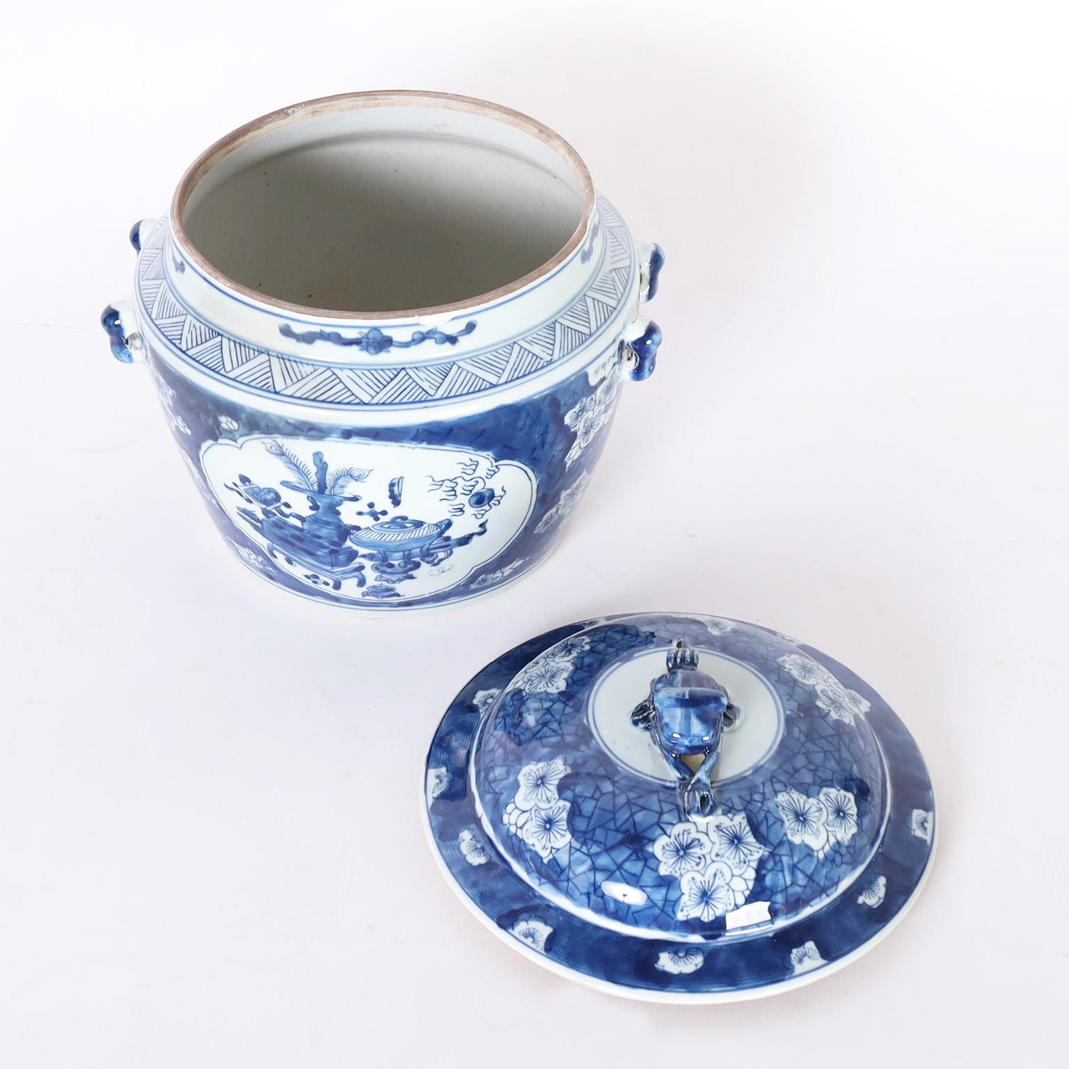 20th Century Pair of Blue and White Porcelain Lidded Pots