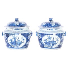 Vintage Pair of Blue and White Porcelain Lidded Pots