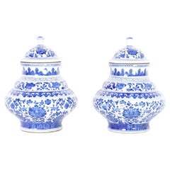 Pair of Blue and White Porcelain Lidded Urns