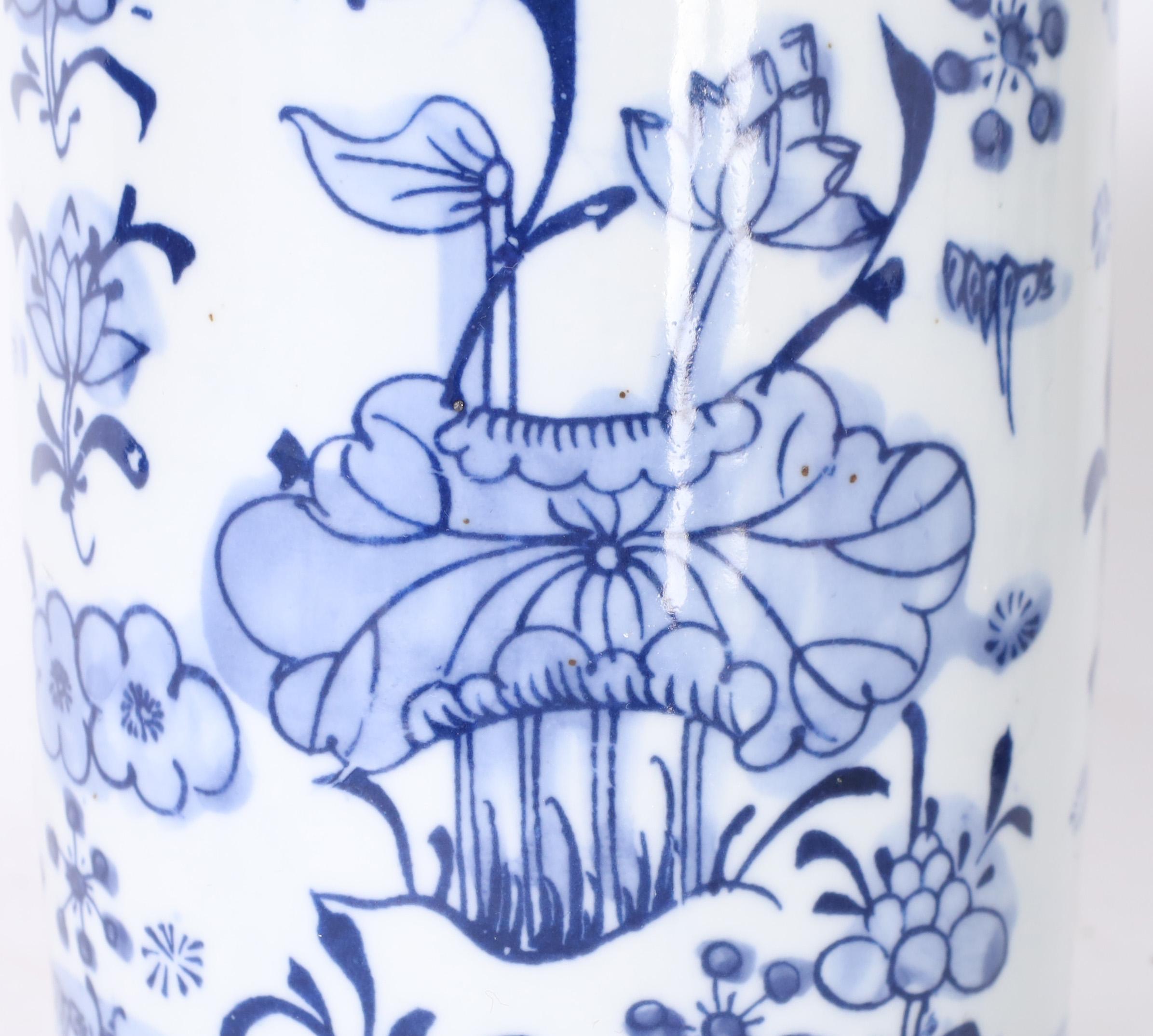 Glazed Pair of Blue and White Porcelain Lotus Ginger Jars For Sale