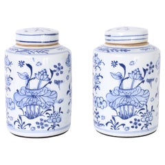 Paar blau-weiße Lotus-Ingwer-Gläser aus Porzellan