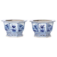 Pair of Blue and White Porcelain Octagon Form Planters
