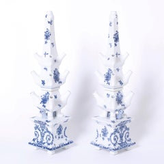 Pair of Blue and White Porcelain Pagoda Form Tulipieres