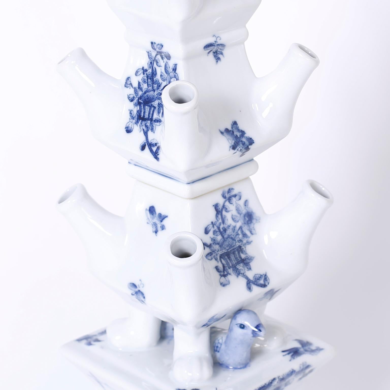Chinoiserie Pair of Blue and White Porcelain Pagoda Form Tulipieres