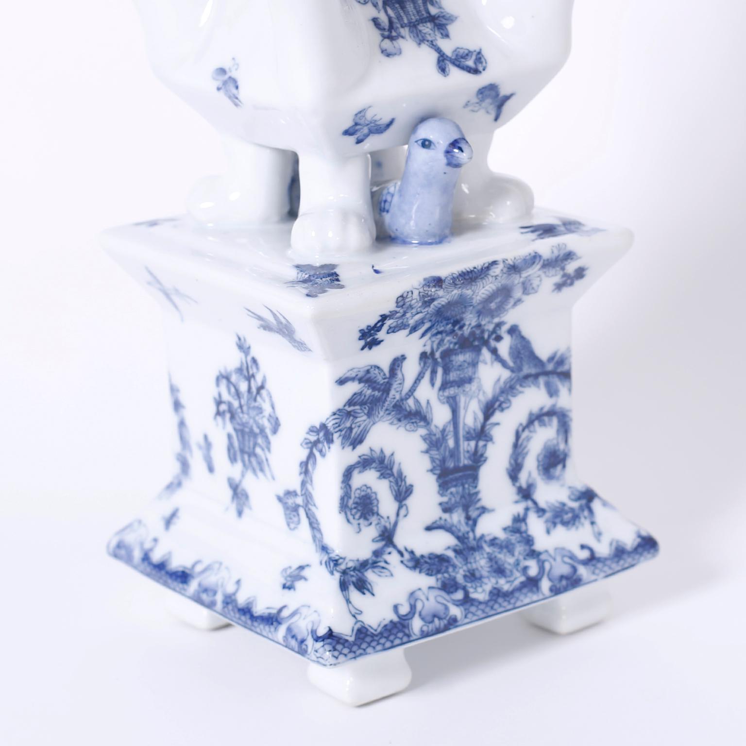 Chinese Pair of Blue and White Porcelain Pagoda Form Tulipieres