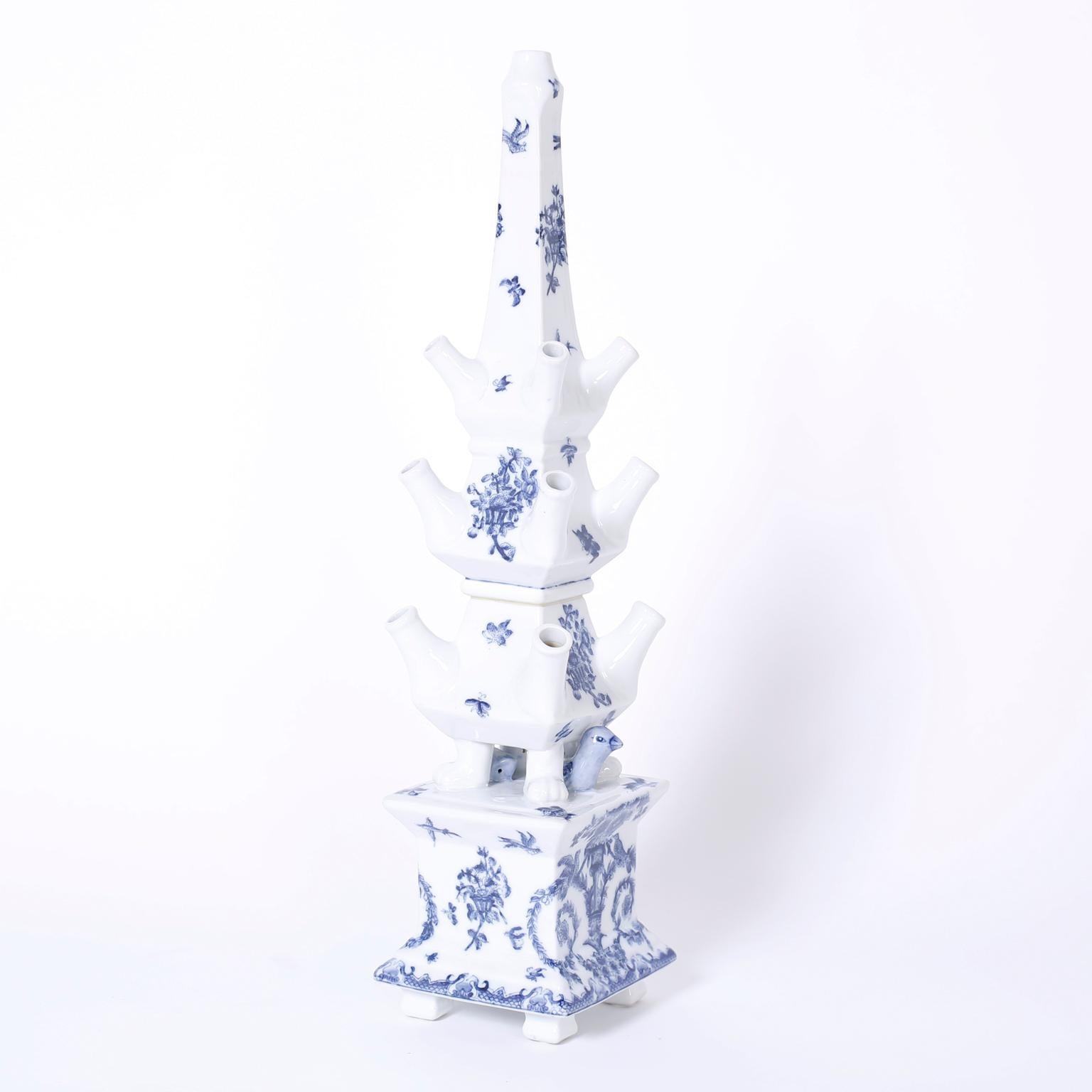 Pair of Blue and White Porcelain Pagoda Form Tulipieres In Good Condition In Palm Beach, FL