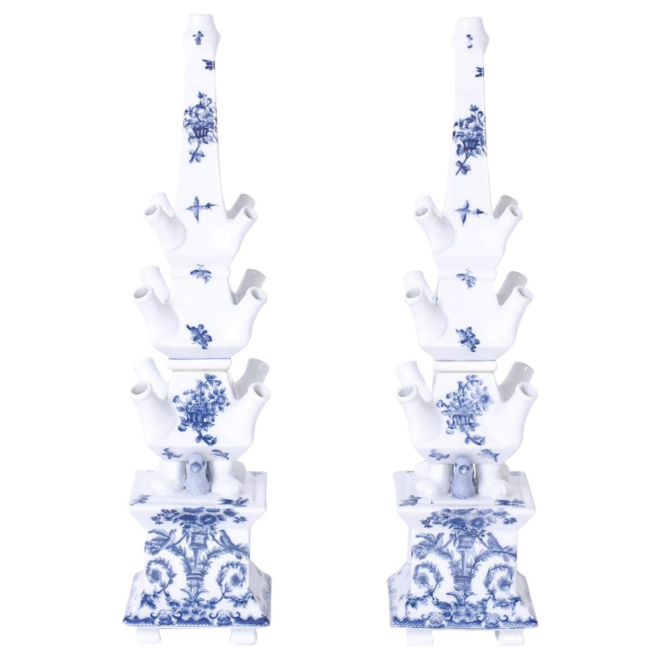 Pair of Blue and White Porcelain Pagoda Form Tulipieres