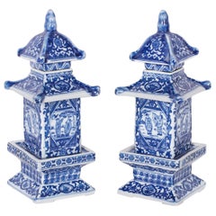 Pair of Blue and White Porcelain Pagoda Tea Caddies