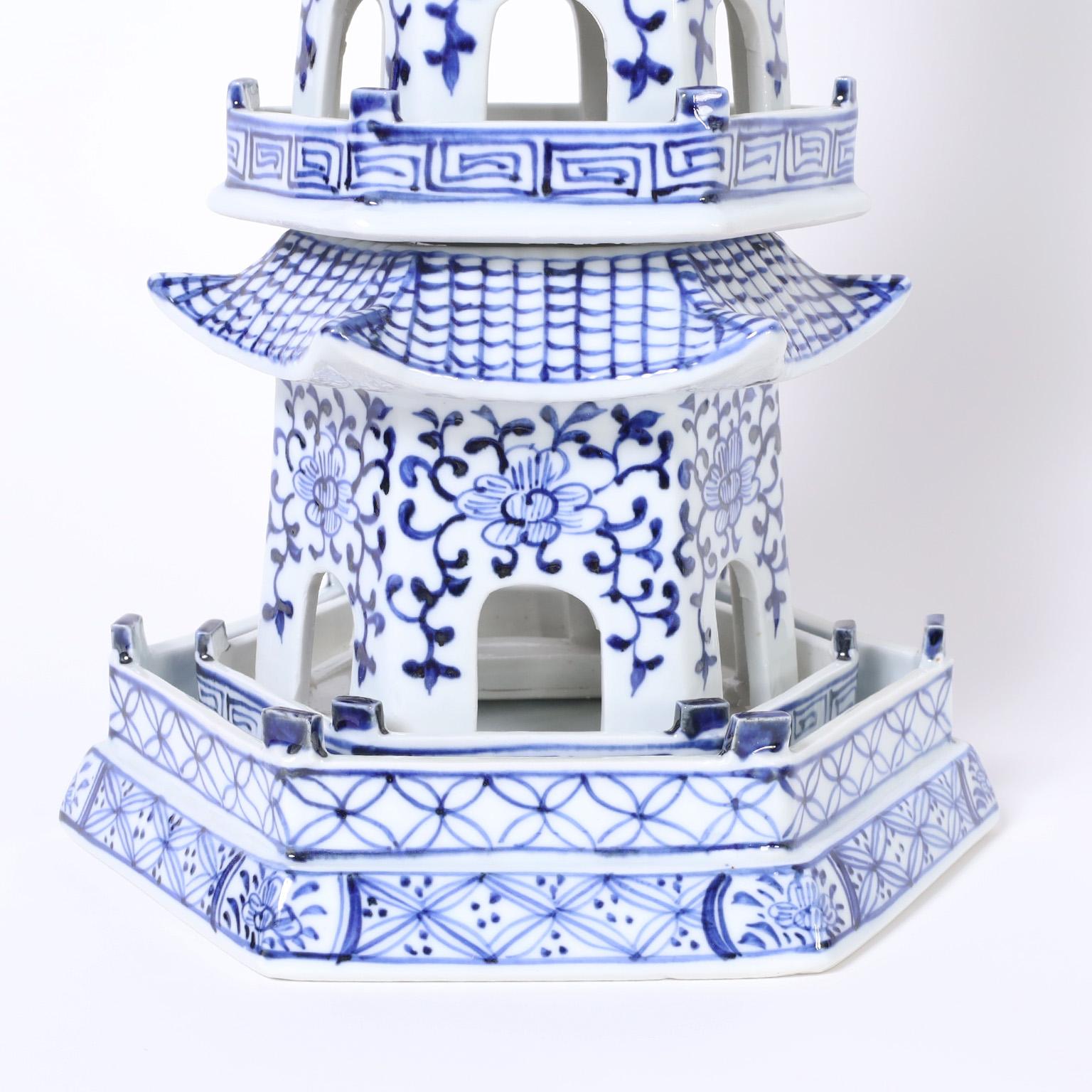 Chinese Pair of Blue and White Porcelain Pagoda Towers For Sale