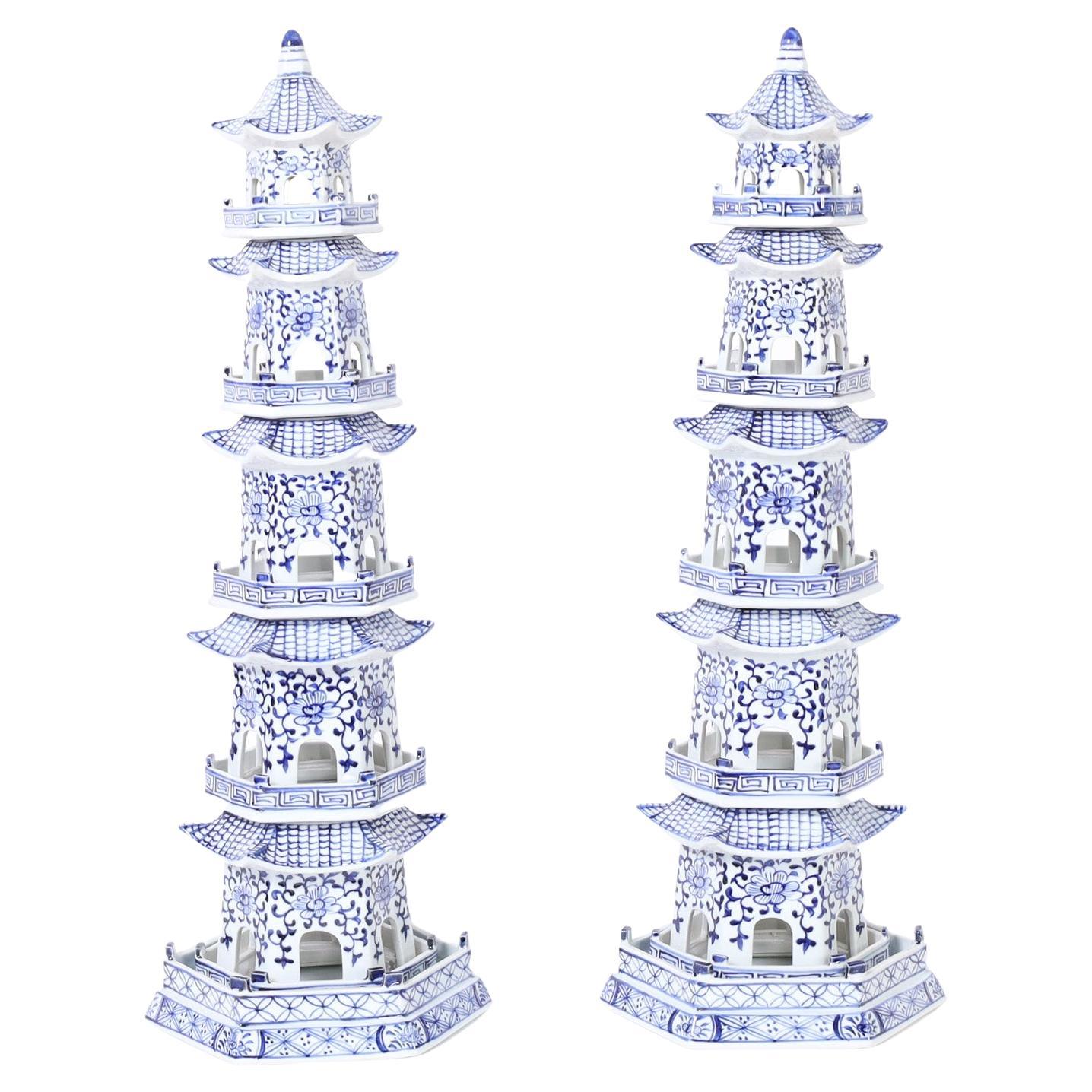 Pair of Blue and White Porcelain Pagoda Towers For Sale