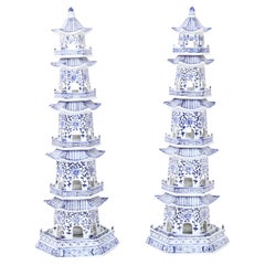Pair of Blue and White Porcelain Pagoda Towers