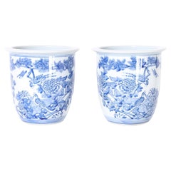 Pair of Blue and White Porcelain Planters with Birds