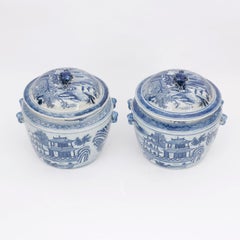 Pair of Blue and White Porcelain Pots with Pagodas