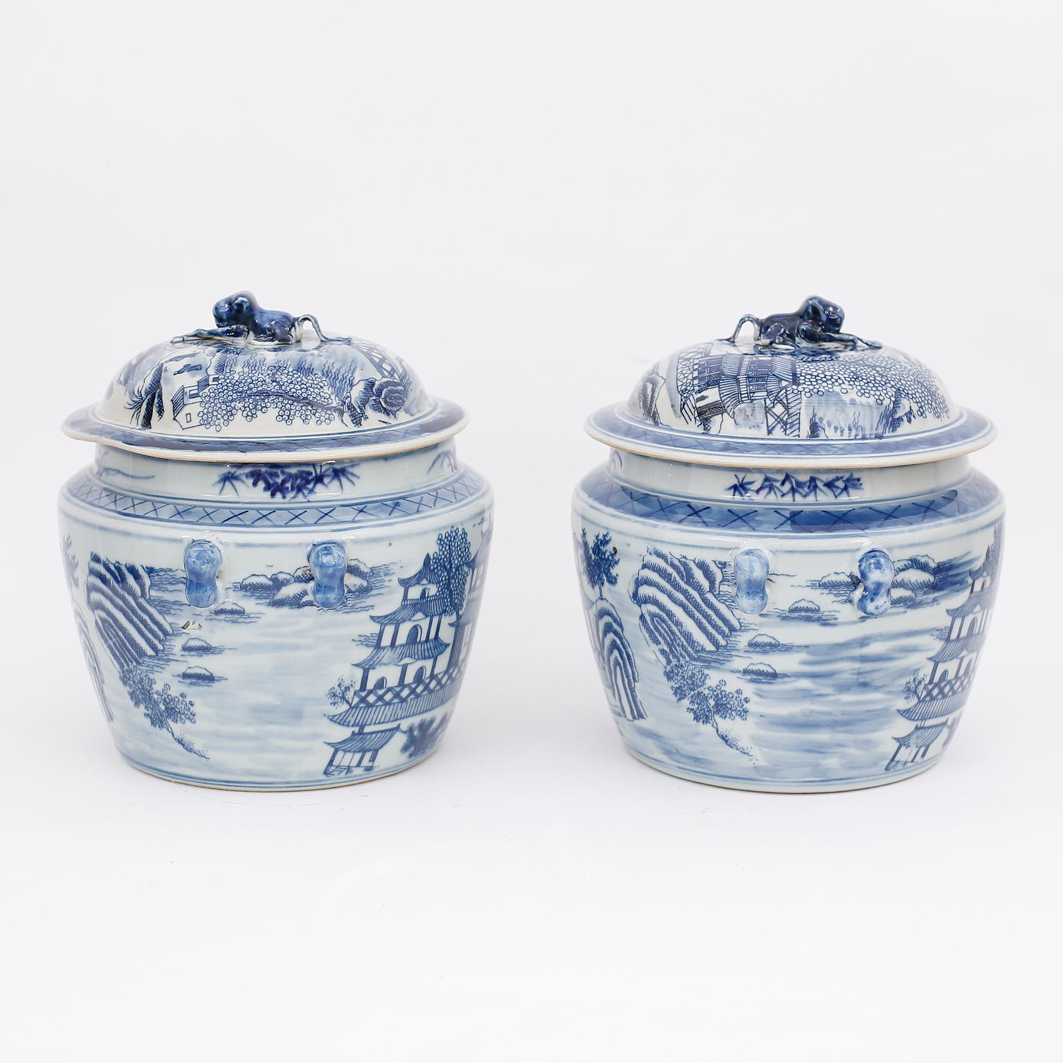 Chinese Export Pair of Blue and White Porcelain Pots with Pagodas For Sale