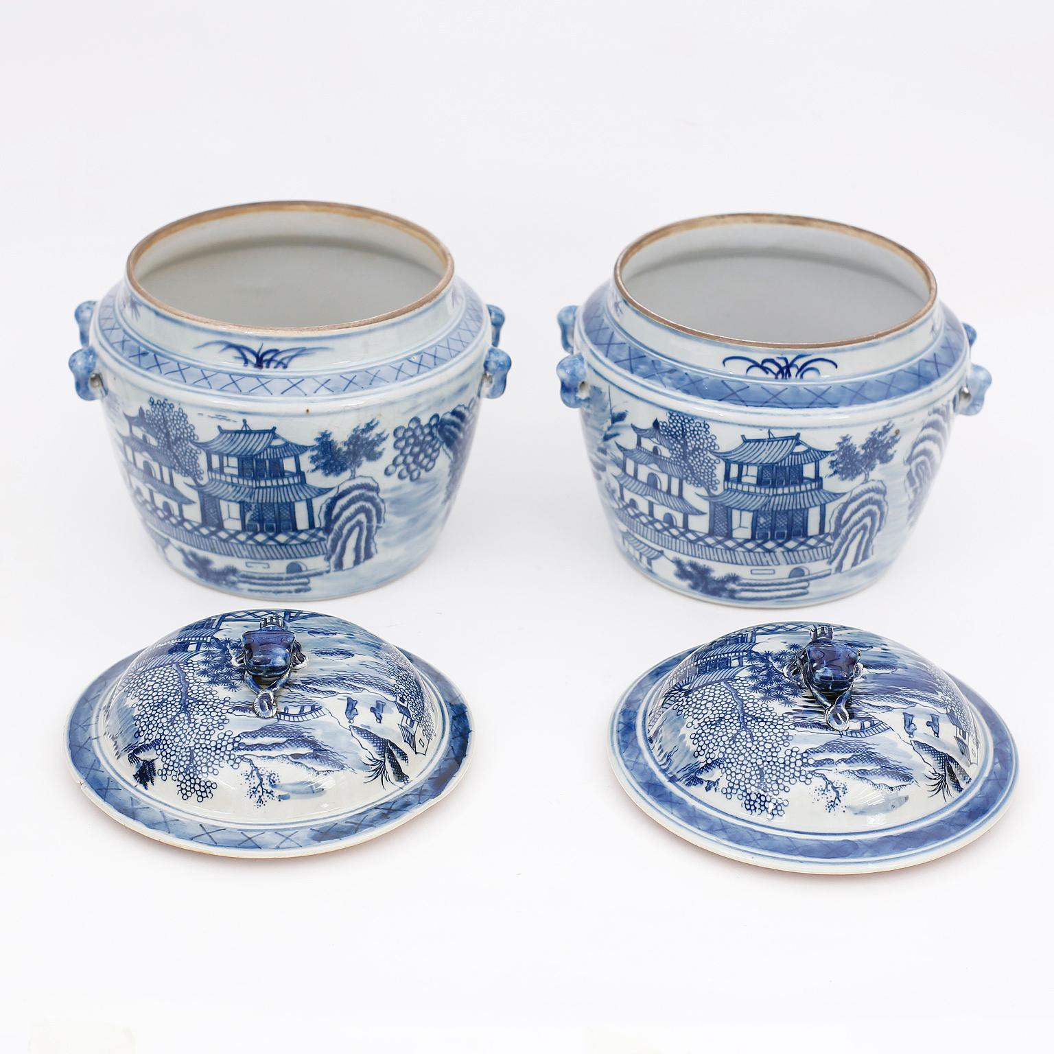 Pair of Blue and White Porcelain Pots with Pagodas In Good Condition For Sale In Palm Beach, FL