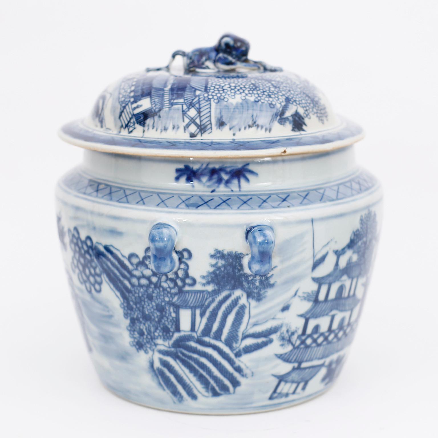 Pair of Blue and White Porcelain Pots with Pagodas For Sale 1