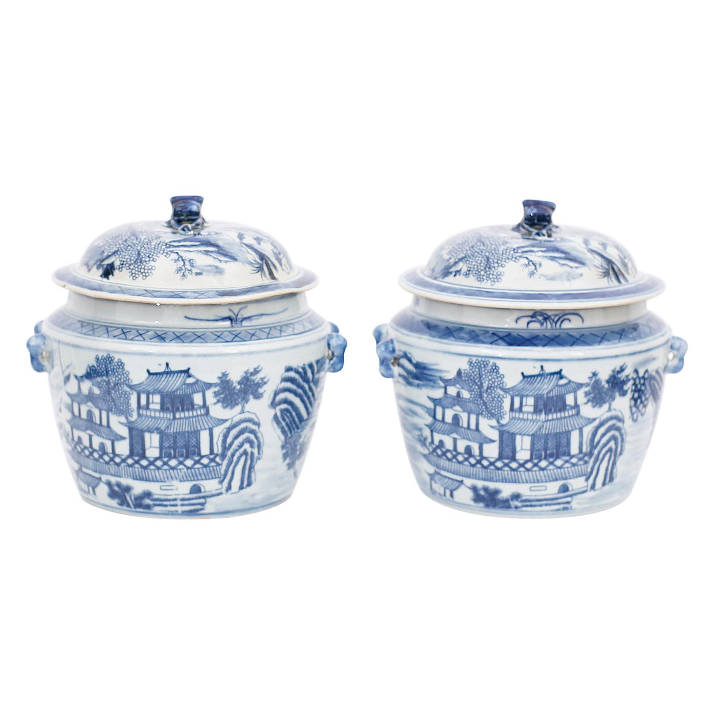 Pair of Blue and White Porcelain Pots with Pagodas For Sale