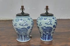 Pair of Blue and White Porcelain Qilin Altar Vessels Table Lamps - USA Wired