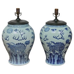Pair of Blue and White Porcelain Qilin Altar Vessels Table Lamps - USA Wired