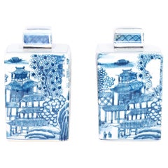 Pair of Blue and White Porcelain Rectangular Lidded Jars