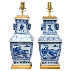 Antique Pair of Blue and White Porcelain Table Lamps, Asian, circa 1920
