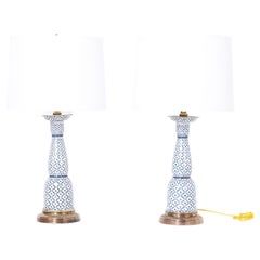 Vintage Pair of Blue and White Porcelain Table Lamps by Maitland-Smith