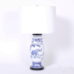 Pair of Blue and White Porcelain Table Lamps with Elephants