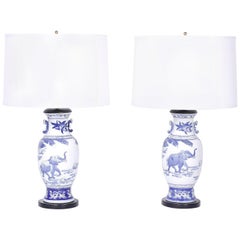 Pair of Blue and White Porcelain Table Lamps with Elephants