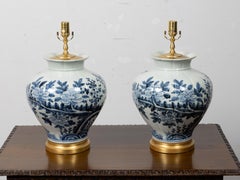 Pair of Blue and White Porcelain Table Lamps with Floral Decoration