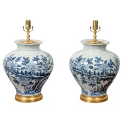 Pair of Blue and White Porcelain Table Lamps with Floral Decoration