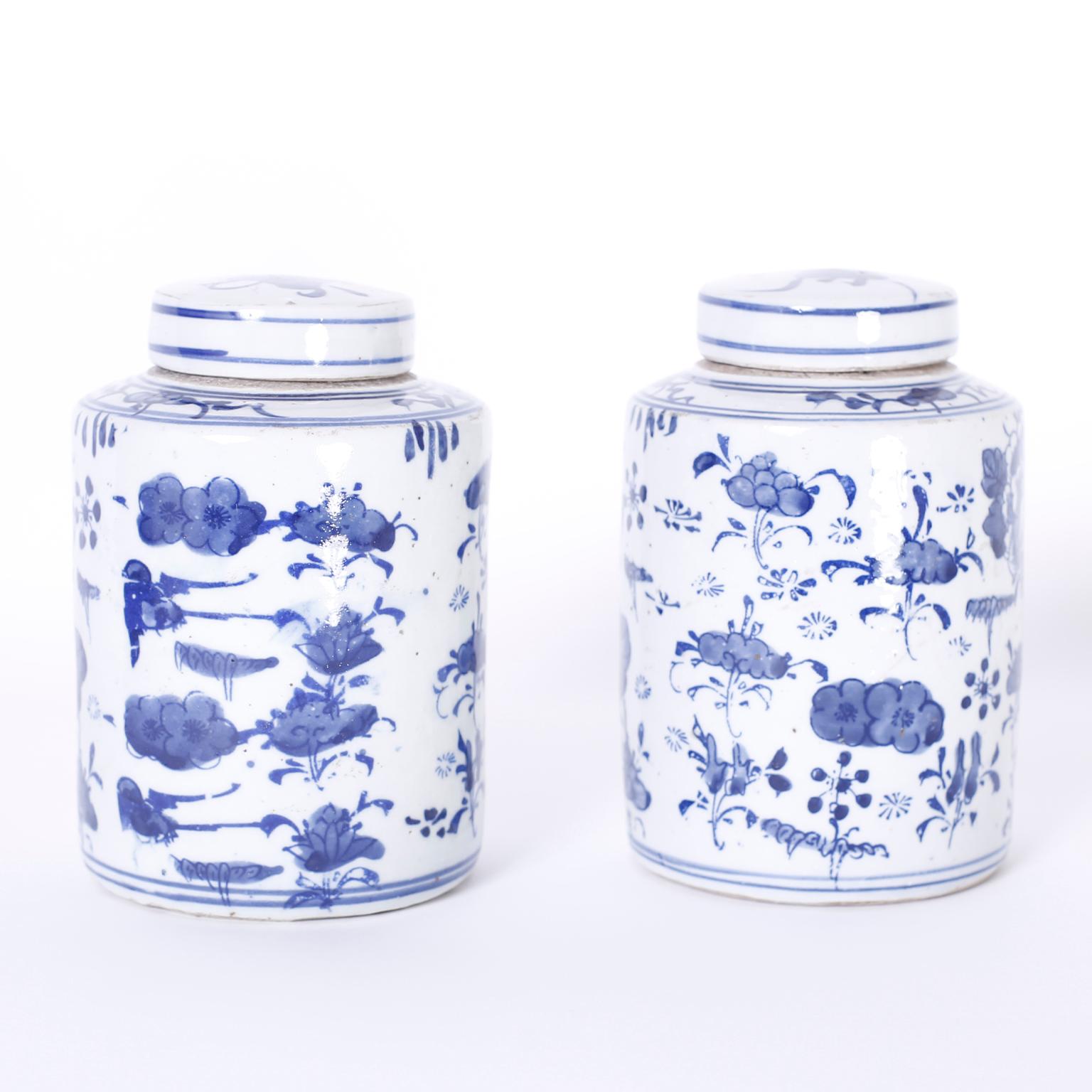 Pair of Chinese blue and white porcelain lidded tea caddies hand painted with poppies and assorted flowers.
