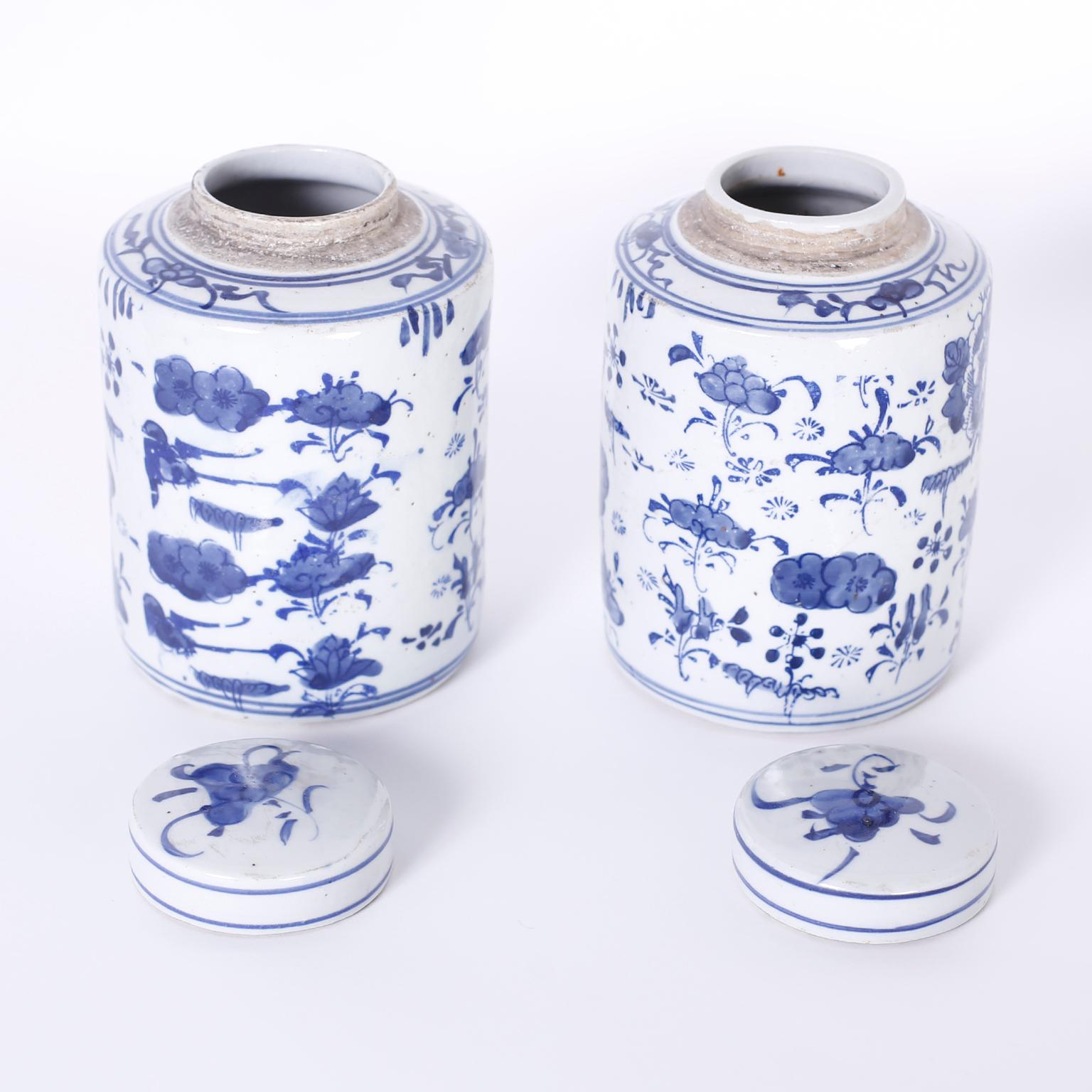 Chinoiserie Pair of Blue and White Porcelain Tea Caddies or Canisters