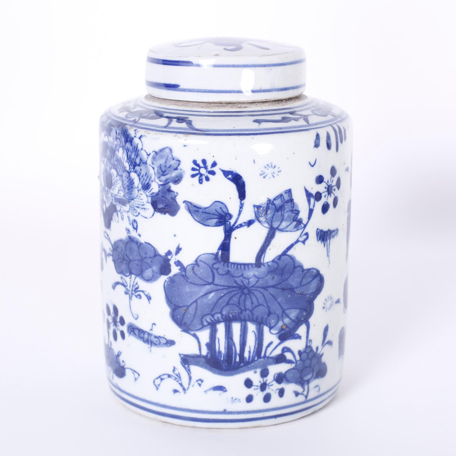 Chinese Pair of Blue and White Porcelain Tea Caddies or Canisters