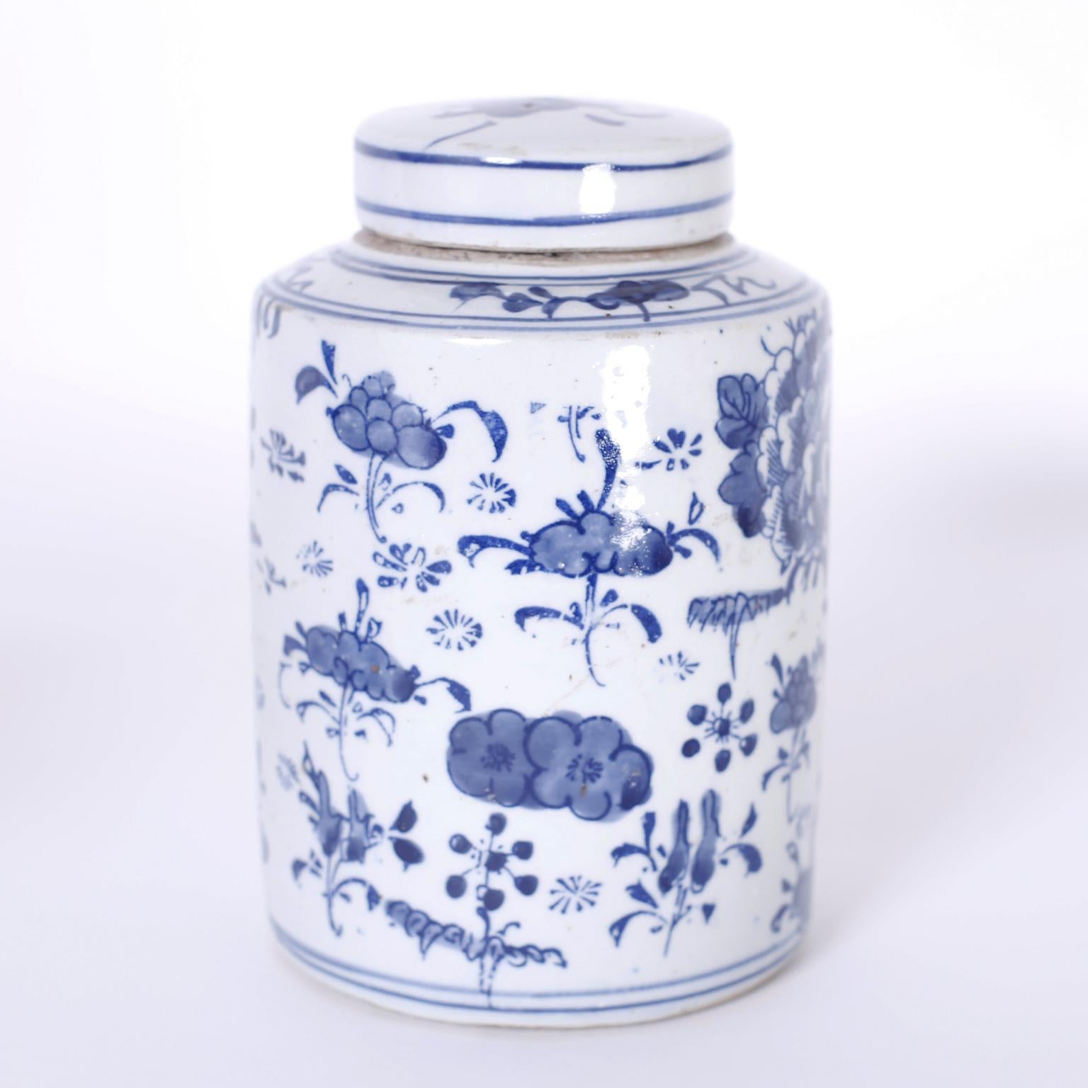 Hand-Painted Pair of Blue and White Porcelain Tea Caddies or Canisters